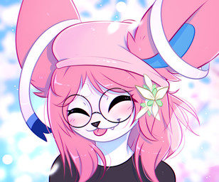 accessory anthro black_clothing black_topwear blush closed_smile clothed clothing eyes_closed eyewear female female_anthro flower flower_in_hair front_view fur glasses hair hair_accessory happy long_hair mouth_closed pink_ears pink_hair pink_tongue plant round_glasses simple_background smile solo tongue tongue_out topwear white_body white_fur bloominglynx nintendo pokemon eeveelution generation_6_pokemon pokemon_(species) sylveon bust_portrait hi_res portrait