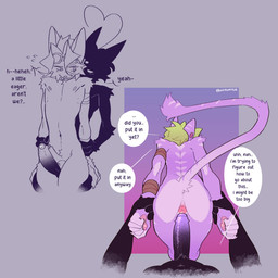 anthro anus arm_grab arm_pull arm_wrapping balls bent_over black_body black_fur black_penis blush blush_lines bodily_fluids body_blush dialogue duo ear_piercing emanata erection eyewear eyewear_only first_person_view foreskin fur genital_fluids genitals glans goggles goggles_only green_hair hair imminent_anal imminent_sex leaking_precum looking_at_another male male/male nipples nude nude_male pawpads penile penis penis_blush penis_size_difference penises_touching piercing pink_anus pink_pawpads precum purple_body purple_fur purple_glans purple_tail simple_background slim slim_male speech_bubble standing tail text unretracted_foreskin wrappings nerunaur noir_(noirzvault) skippy_(mashedsteak2.0) domestic_cat felid feline felis mammal 1:1 2025 colored digital_drawing_(artwork) digital_media_(artwork) english_text flat_colors hi_res signature
