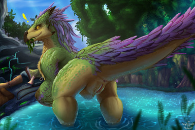 anus butt exclamation_point feathers female female_feral feral fur genitals grass green_body green_feathers green_scales looking_at_viewer multicolored_body multicolored_feathers pink_anus pink_vulva plant pubic_boot pupils purple_body purple_feathers rock scales slit_pupils solo surprised tail tailbutt thick_thighs tree vulva water yellow_eyes nightcrawler_(artist) ridasep capcom monster_hunter bird_wyvern reptile scalie seikret artist_collaboration hi_res shaded signature