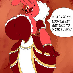 angry anthro big_breasts breasts clothing commanding_viewer crown dress exclamation_point female gloves handwear headgear huge_breasts looking_down no_pupils open_mouth question_mark red_sclera royalty solo speech_bubble powerofsky bunny_(averyshadydolphin) lagomorph leporid mammal rabbit 2019 absurd_res hi_res