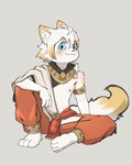 anthro arm_on_knee armband blue_eyes bottomwear clothing crotchless_bottomwear crotchless_clothing crotchless_pants fur hair kemono loincloth male pants raised_head shota simple_background sitting smile solo white_body white_fur white_hair young yanrwolf canid canine fox mammal 4:5 absurd_res hi_res