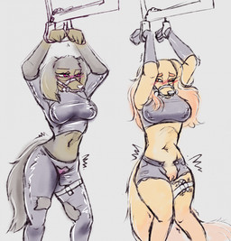 anthro arms_above_head bit_gag blush clothing cuff_(restraint) duo female gag gagged handcuffed handcuffs latex latex_clothing metal_cuffs restraints sex_toy torn_clothing vibrator jusauria alina_(potato565) natalya_(potato565) canid canine canis domestic_dog hunting_dog mammal saluki sighthound hi_res