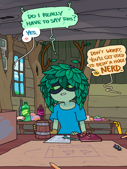 ambiguous_gender anthro antlers book bottle bowl clothed clothing container cup dialogue dice female food furniture green_body green_eyes green_skin group horn leaf leaf_hair mug not_furry paper pencil plant plant_hair pseudo_hair shirt sitting speech_bubble t-shirt table text topwear tree trio window discount-supervillain adventure_time cartoon_network dungeons_and_dragons hasbro wizards_of_the_coast finn_the_human huntress_wizard jake_the_dog canid canine canis domestic_dog elemental_creature elemental_humanoid flora_fauna human humanoid mammal plant_humanoid 3:4 digital_media_(artwork) english_text