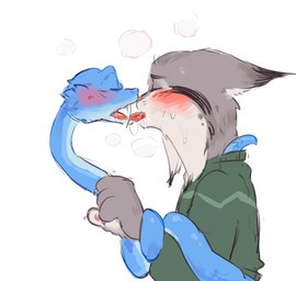 anthro blue_body blue_scales blush bodily_fluids clothing duo feral fur grey_body grey_fur kissing male saliva scales sweater topwear purrnasty disney zootopia gary_de'snake pawbert_lynxley canada_lynx felid feline lynx mammal pit_viper reptile scalie snake viper hi_res
