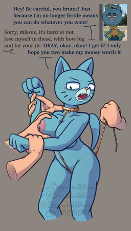 4_fingers angry anthro apology areola bdsm bent_arm big_areola big_breasts big_ears big_eyes big_nipples biped black_eyebrows black_eyes black_markings black_text blue_body blue_breasts blue_ears blue_fur blue_inner_ear blue_markings blue_tail blue_text bluesky_logo breast_grab breasts brown_background brown_text collar collar_only collarbone colored_nails command dialogue disembodied_hand dominant dominant_human dominant_male elderly elderly_anthro elderly_female english_honorific eyebrows eyelashes facial_markings fangs female female_anthro female_on_human fingernails fingers fist frown fur glistening glistening_collar gold_(metal) gold_collar gold_leash group hand_on_another's_breast hand_on_breast head_markings head_turned holding_leash holding_object honorific huge_areola huge_nipples human_on_anthro humanoid_hands inner_ear_fluff insult interrupted_speech interspecies iris leash leashed_collar light_body light_fur light_skin logo looking_down male male/female male_human male_on_anthro markings mature_anthro mature_female metal_collar monotone_background muzzle_(marking) nails newgrounds_logo nipples nude nude_anthro nude_female open_frown open_mouth petplay pink_areola pink_fingernails pink_nails pink_nipples pink_nose pink_tongue pointy_ears prick_ears pupils reddit_logo roleplay round_head shadow simple_background snout standing submissive submissive_anthro submissive_female tail talking_to_another talking_to_partner teeth text thick_thighs thin_eyebrows three-quarter_view tongue tuft website_logo whisker_markings white_inner_ear_fluff white_pupils white_sclera wrist_grab seguidordpriapo bluesky_(social_media) cartoon_network newgrounds reddit the_amazing_world_of_gumball mary_senicourt domestic_cat felid feline felis human mammal 2026 artist_name digital_drawing_(artwork) digital_media_(artwork) english_text hi_res reference_image