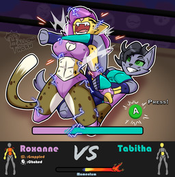 3_toes 5_fingers abs anthro big_breasts boxing breasts clothing duo feet female female/female fighters fighting_ring fingerless_gloves fingers gloves handwear kickboxing leg_wrap muscular muscular_anthro muscular_female pin_down pinned pinned_to_ground small_breasts sport toes wrestling wrestling_clothing wrestling_match wrestling_outfit hallowthorn tabitha_(hallowthorn) domestic_cat felid feline felis mammal