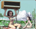 air_conditioner bikini bodily_fluids city cityscape clothed clothing duo female hand_fan heat_(temperature) human_only not_furry on_roof outside overheated rooftop skimpy sweat swimwear two-piece_swimsuit uchiwa_fan kawaguchi_youhei human mammal grandfathered_content