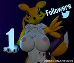 anthro female looking_at_viewer nipples pink_nipples solo text yellow_body dragonantojos bandai_namco digimon renamon_(furromantic) canid digimon_(species) mammal renamon 3d_(artwork) blender_(artwork) digital_media_(artwork) hi_res milestone_celebration