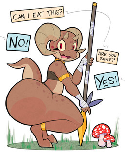 4_fingers anthro bandage bandeau big_butt bottomwear brown_body brown_scales butt clothing crouching dialogue eyelashes female fingers fly_agaric fungus grass holding_object holding_weapon horn huge_butt loincloth melee_weapon mushroom open_mouth plant polearm red_eyes scales short_tail shortstack shortstack_female side_view smile solo spear speech_bubble tail text thick_thighs tongue topwear weapon aimbot-jones piko_(simplifypm) kobold reptile scalie 2020 absurd_res digital_media_(artwork) english_text hi_res