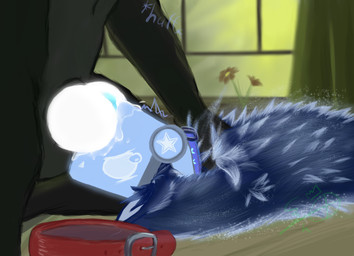 animal_genitalia animal_penis anthro asphyxiation bed black_body black_fur blue_body blue_fur bodily_fluids canine_genitalia canine_penis choking collar dreamer_(qh) duo fellatio flower fur furniture genital_fluids genitals glowing glowing_genitalia glowing_penis machine male oral penile penis plant precum qh_(artist) sex window armorless_protogen protogen hi_res