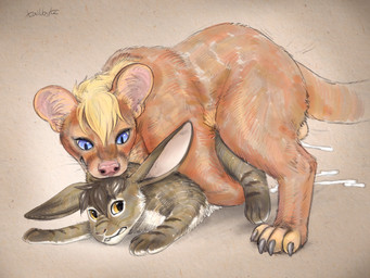 anal anal_penetration balls bite blue_eyes bodily_fluids brown_body cum cum_inside duo ejaculation feral feral_on_feral fur genital_fluids genitals hair male male/male male_penetrated male_penetrating male_penetrating_male markings open_mouth orange_body penetration penile penis scruff_bite sex size_difference tail yellow_eyes tailbyte ezh_(character) nigel_(suel) euplerid fossa lagomorph leporid mammal rabbit 4:3 digital_media_(artwork) hi_res shaded signature