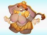 after_transformation alternate_species anthro big_breasts big_ears breasts brown_hair clothing crown dress female furrification gloves grey_body grey_skin hair handwear headgear huge_breasts nipples overweight overweight_anthro overweight_female solo tail tail_tuft tiara trunk tuft tusks sharkrags mario_bros nintendo super_mario_bros_wonder elephant_daisy princess_daisy elephant elephantid mammal proboscidean 2023 hi_res