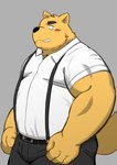 anthro black_nose blush bottomwear clothing humanoid_hands kemono male monotone_clothing monotone_shirt monotone_topwear overweight overweight_male pants shirt solo suspenders topwear kick_(artist) canid canine canis domestic_dog mammal 2022 hi_res