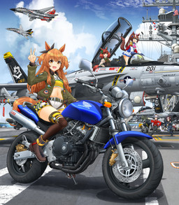 aircraft aircraft_carrier airplane ambiguous_gender american_flag ascot black_bottomwear black_clothing black_pants blue_eyes bomber_jacket boots bottomwear breasts brown_eyes brown_hair brown_tail camo camo_bottomwear camo_clothing camo_jacket camo_pants camo_print clothed clothed_female clothed_humanoid clothing crop_top detailed_background dog_tags explosives female footwear fully_clothed fully_clothed_female fully_clothed_humanoid gesture green_clothing green_jacket green_topwear group gun hair hand_gesture holding_assault_rifle holding_gun holding_missile holding_object holding_ranged_weapon holding_rifle holding_weapon jacket jet looking_at_viewer midriff missile motorcycle navel open_clothing open_jacket open_mouth open_topwear orange_eyes orange_hair orange_tail pants pattern_bottomwear pattern_clothing pattern_pants pink_eyes purple_eyes ranged_weapon red_clothing red_hair red_jacket red_tail red_topwear rifle running ship shirt shoes shorts tail text topwear trigger_discipline united_states_of_america v_sign vehicle warship watercraft weapon white_hair white_tail mikelan125r cygames dunlop f-14_tomcat f-18_hornet honda uma_musume_pretty_derby gold_ship_(pretty_derby) mayano_top_gun_(pretty_derby) nice_nature_(pretty_derby) special_week_(pretty_derby) tokai_teio_(pretty_derby) animal_humanoid equid equid_humanoid equine equine_humanoid horse_humanoid humanoid mammal mammal_humanoid absurd_res alternate_version_at_source character_name english_text hi_res