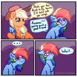 blush chest_tuft drunk ellipsis female hair humor multicolored_hair rainbow_hair realization sitting substance_intoxication text tuft wings witchtaunter friendship_is_magic hasbro my_little_pony mythology applejack_(mlp) rainbow_dash_(mlp) earth_pony equid equine horse mammal mythological_creature mythological_equine pegasus pony 1:1 absurd_res comic english_text hi_res
