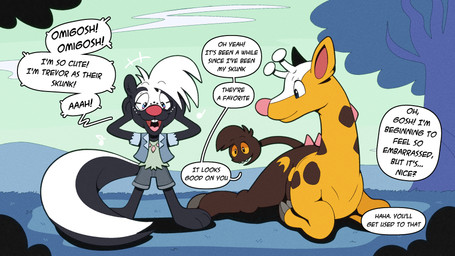 after_transformation antlers blue_eyes buckteeth cloud cloven_hooves dialogue excited grass hooves horn implied_transformation living_tail paws pink_nose plant red_nose sharp_teeth skunk_tail speech_bubble tail tail_head teeth text transformation tree unusual_anatomy unusual_tail trevor-fox nintendo pokemon kyp_(character) trevor-fox_(character) generation_2_pokemon girafarig mammal mephitid pokemon_(species) skunk 16:9 english_text hi_res widescreen