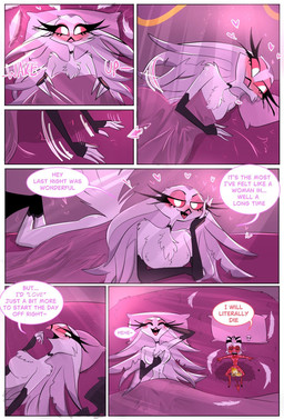 4_fingers anthro bare_arms bare_legs bare_shoulders bare_thighs bed big_breasts blush blush_stickers breasts chest_tuft dialogue duo eyelashes feathers female fingers freckled_face freckles furniture hair heart_symbol huge_breasts kiss_mark long_eyelashes long_hair male male/female motion_lines nude on_bed pillow red_body red_sclera size_difference skull_symbol spade_tail speech_bubble tail text thick_thighs tuft white_body white_eyes white_feathers white_hair rosy_fun hellaverse helluva_boss moxxie_(helluva_boss) stella_(helluva_boss) avian bird demon humanoid imp owl owl_demon comic cool_colors digital_drawing_(artwork) digital_media_(artwork) english_text hi_res