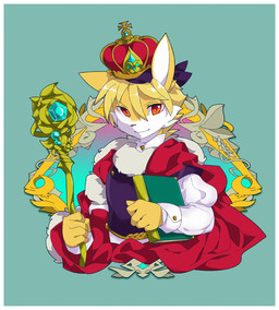 anthro biped border fur male red_eyes solo wearing_crown white_body white_border white_fur yellow_body yellow_fur oouyuki_benten lagomorph leporid mammal rabbit 2014