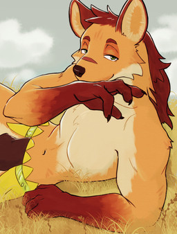 anthro arm_support athletic athletic_anthro athletic_male bedroom_eyes bottomwear brown_hair claws clothed clothing finger_claws fur grass green_eyes hair loincloth looking_at_viewer lying male narrowed_eyes navel on_ground on_side plant pose seductive skimpy sky solo tan_body tan_fur xan_(pixiv) afk_arena afk_journey lilith_games odie_(afk_journey) hyena mammal 2024 hi_res pinup