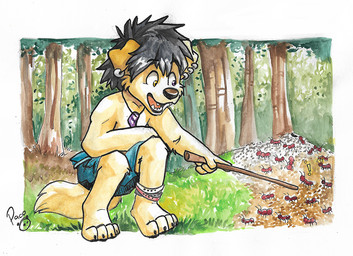 ambiguous_feral ambiguous_gender anthro black_hair black_nose blue_bottomwear blue_clothing blue_shorts bottomwear brown_eyes clothed clothing crouching ear_piercing ear_ring feral front_view fur grass group hair heterochromia holding_object holding_stick jewelry logo male male_anthro messy_hair necklace open_mouth open_smile piercing plant red_tongue ring_piercing shorts smile stick tongue topless tree yellow_body yellow_eyes yellow_fur young young_anthro young_male pandapaco canid canine canis domestic_dog mammal artist_logo signature