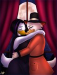 anthro arms_over_shoulders bangs breasts cape clothing dimeshipping dress duo emotional evening eyes_closed eyewear female glasses hands_behind_back hat headgear headwear male male/female moon non-mammal_breasts open_window top_hat kinkypeach disney ducktales ducktales_(2017) magica_de_spell scrooge_mcduck anatid anseriform avian bird duck hi_res