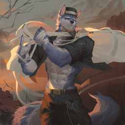 abs anthro black_bottomwear black_clothing black_hat black_headwear black_nose black_pants black_topwear blue_body blue_eyes blue_fur bottomwear cape clothed clothing front_view fur hat headgear headwear male mouth_closed muscular muscular_anthro muscular_male navel open_clothing open_topwear outside pants pecs solo standing topwear white_body white_cape white_clothing white_fur awaldkize canid canine mammal 1:1 2024 absurd_res dated hi_res