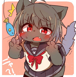 4_fingers anthro blush bodily_fluids bottomwear chest_tuft clothed clothing confusion cute_fangs fangs female female_anthro fingers fur grey_body grey_fur grey_hair hair interrobang kemono open_mouth pink_background red_eyes red_ribbon school_uniform simple_background skirt solo sweat tail tail_under_skirt teeth text tuft uniform young young_female ne_(nefuraito336) 2021 japanese_text