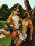 2021 5_fingers abs anthro athletic athletic_anthro athletic_male ball big_ears black_body black_fur black_nose bottomwear brown_body brown_fur bulge canid canine canis clothed clothing day detailed_background domestic_dog duo eye_contact fingers fluffy fluffy_tail fox fur german_shepherd grass herding_dog hi_res holding_object inner_ear_fluff jockstrap leaning_on_tree licking looking_at_another male male/male mammal multicolored_ears muscular navel nose_to_nose orange_body orange_eyes orange_fur outside park pastoral_dog patreon patreon_logo pecs plant self_lick shorts smile swish tail tan_body tan_fur teeth tennis_ball text tongue tongue_out topless tree tuft underwear url white_body white_bottomwear white_clothing white_fur white_shorts yellow_clothing yellow_underwear