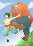 anthro bottomwear brown_body brown_fur clothing duo fur humanoid_hands kemono male outside pants plant shirt topwear tree andikapatok the_boy_and_the_beast kumatetsu kyuta bear human mammal 2016 absurd_res hi_res