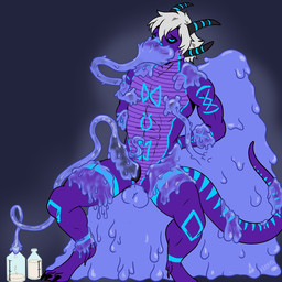 abs anthro athletic athletic_anthro athletic_male balls biceps blue_eyes blue_markings bodily_fluids claws container cum cum_collecting cum_in_container cum_in_goo duo ejaculation erection genital_fluids genitals hair horn male male/male markings muscular nipples nude pecs penetration penile penis penis_in_slime penis_milking purple_body restrained_arms ridged_penis simple_background sitting slime slime_sex tail tongue krekel mythology grydir_dacanoor_(griffonki) dragon goo_creature mythological_creature mythological_scalie scalie 1:1 digital_media_(artwork)