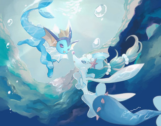 ambiguous_gender blue_body blue_eyes blue_hair blue_tail brown_eyes bubble duo eyelashes fin hair light long_hair looking_at_another open_mouth paws pink_nose split_form starfish_(accessory) sunlight tail underwater water white_body s_putnik_2 nintendo pokemon aquatic asterozoan echinoderm eeveelution generation_1_pokemon generation_7_pokemon merfolk pokemon_(species) primarina starfish vaporeon 2024 digital_media_(artwork) hi_res signature