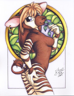 anthro art_nouveau breasts butt female hand_on_butt looking_at_viewer nipples nude side_boob solo tail michele_light giraffid mammal okapi 2002 absurd_res hi_res signature traditional_media_(artwork)