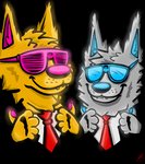 anthro black_background blue_eyewear blue_glasses blue_nose blue_pawpads claws clothed clothing duo ear_tuft ears_up eyewear facial_tuft fur gesture glasses glowing gold_body grey_body grey_fur grin hand_gesture head_tuft inner_ear_fluff male metallic neck_tuft necktie pawpads pink_eyewear pink_glasses pink_nose pink_pawpads red_necktie short_snout silver_body simple_background smile snout suit teeth teeth_showing thumbs_up tuft whisker_spots yellow_body yellow_fur alister_(art) taidum hi_res signature