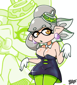 black_clothing black_dress bottomwear breasts clothing dress ear_piercing eyebrows eyelashes female gloves green_bottomwear green_clothing green_hat green_headwear green_mouth green_pants grey_eyebrows grey_hair hair handwear hat headgear headwear humanoid_pointy_ears markings mole_(marking) open_mouth pants piercing pointy_ears pseudo_hair simple_background solo tan_body tan_ears tan_skin tentacle_hair tentacles three-quarter_view white_background white_clothing white_gloves white_handwear yellow_eyes thesodaaddict nintendo splatoon marie_(splatoon) animal_humanoid aquatic aquatic_humanoid cephalopod cephalopod_humanoid humanoid inkling mollusk mollusk_humanoid 2026 cel_shading colored digital_media_(artwork) hi_res portrait shaded signature three-quarter_portrait