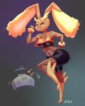2015 8-tomb absurd_res anthro bodily_fluids bottomwear breasts brown_body brown_fur clothing electronics exercise eyes_closed female fur generation_4_pokemon hi_res lagomorph lopunny mammal midriff musical_note nintendo open_mouth open_smile pokemon pokemon_(species) pokemorph pseudo_clothing radio shorts smile solo spandex spandex_shorts sweat tight_bottomwear tight_clothing tight_shorts
