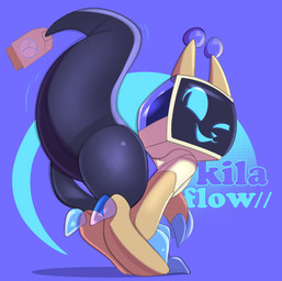 ambiguous_gender antenna_wire anthro big_butt black_body blue_background blue_body blue_claws blue_eyes blue_mouth blue_nose butt claws digitigrade electrical_plug electrical_plug_tail electronics finger_claws for_a_head looking_at_viewer multicolored_body one_eye_closed screen screen_face simple_background solo tail tail_motion tailwag television text thick_tail toe_claws translucent_claws translucent_head white_body wink winking_at_viewer yellow_body astralkettei kilaflow kila_(kilaflow) object_head robot_anthro screen_head tv_head tv_head_robot 2026 absurd_res character_name hi_res