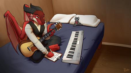 4_toes 5_fingers acoustic_guitar anthro bed claws eyebrows eyelashes feet fingers furniture green_eyes guitar horn keyboard_instrument male male_anthro membrane_(anatomy) membranous_wings musical_instrument musical_keyboard on_bed plucked_string_instrument scales sitting solo spines string_instrument toes wings feretta european_mythology mythology dragon mythological_creature mythological_scalie scalie western_dragon 16:9 2020 digital_media_(artwork) hi_res widescreen