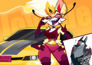 4_arms anthro big_breasts blonde_hair blush blush_lines boots bottomwear bra_strap breasts car cartoon_freckles chest_tuft clothed clothed_anthro clothed_female clothing duo eyelashes eyewear facial_tuft female fire flaming_hair footwear freckled_face freckles fur gesture gloves gloves_(marking) grey_body grey_fur hair hand_gesture hands_on_legs hands_on_thighs handwear heart_symbol legwear long_eyelashes male markings middle_finger multi_arm multi_limb nervous nervous_smile open_mouth pants pseudo_hair red_sclera shirt shoes sunglasses tank_top thigh_boots thigh_highs thong topwear translucent translucent_bottomwear translucent_clothing translucent_pants tuft underwear vehicle white_eyes yellow_body yellow_car yellow_fur yoga_pants starpaintart hellaverse helluva_boss kesha_rose_(music) mythology queen_bee-lzebub_(helluva_boss) vortex_(helluva_boss) arthropod bee canid canid_demon canine demon fox hellhound hymenopteran insect mammal mythological_canine mythological_creature 2024 absurd_res hi_res