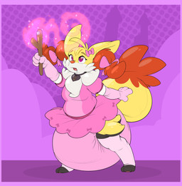 3_toes 4_fingers accessory ambiguous_gender anthro armwear big_diaper bodily_fluids border bow_accessory bow_ribbon brown_body brown_collar clean_diaper clothing collar collar_tag diaper dipstick_tail dotted_background dress drooling elbow_gloves feet fingers gloves hair hair_accessory hair_bow hair_ribbon handwear heart_collar_tag leg_warmers legwear lock_symbol magic magic_user magic_wand markings multicolored_body open_mouth pattern_background pawpads pink_armwear pink_border pink_bow pink_clothing pink_diaper pink_dress pink_elbow_gloves pink_gloves pink_handwear pink_leg_warmers pink_pawpads pool_toy red_hair red_nose red_tail red_tail_tip ribbons saliva simple_background snaggle_tooth solo spiral spiral_eyes standing tail tail_markings toes two_tone_tail white_body yellow_body yellow_tail bubblepuppers nintendo pokemon yuukari braixen generation_6_pokemon pokemon_(species) 2023 absurd_res archived_source hi_res source_request