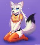 anthro blue_eyes breasts claws clothed clothing collar dipstick_tail female fur hair inner_ear_fluff kneeling legwear long_hair looking_at_viewer markings midriff multicolored_tail paws purple_background shirt simple_background smile solo tail tail_markings text thigh_highs topwear tuft white_body white_fur white_hair awakeningwind arctic_fox canid canine canis fox mammal true_fox wolf 2021 digital_drawing_(artwork) digital_media_(artwork) english_text hi_res portrait sketch three-quarter_portrait