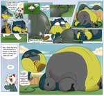 anthro belly big_belly cartoon_logic claws duo expansion fur grass green_body green_fur grey_body grey_fur hose hose_inflation inflation liquid_inflation male overweight paws plant red_eyes smile smirk tail tail_tuft text toony tube_bulge tuft water_inflation yellow_body yellow_fur littleredguy brom_(sahurus) sergal absurd_res comic english_text hi_res