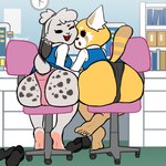 anthro big_butt butt chair clothing duo feet female female/female floppy_ears furniture looking_at_viewer looking_back lop_ears office office_chair smile underwear hexecat aggretsuko sanrio fan_character phobe_(lfswail) retsuko ailurid lagomorph leporid mammal rabbit red_panda 1:1 absurd_res hi_res