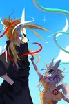 animal_mask anthro blue_eyes clothed clothing cloud duo female fox_mask hair long_hair looking_at_another male mask open_mouth raised_arm size_difference sky seveh kara reven felid human mammal 2:3 absurd_res hi_res shaded