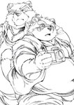 5_fingers anthro belly bottomwear camera clothing dipstick_tail duo eyewear fingers glasses jacket kemono male markings overweight overweight_anthro overweight_male pants pince-nez shirt simple_background tail tail_markings topwear asakura_kento morenatsu juuichi_mikazuki kounosuke_(morenatsu) bear canid canine mammal raccoon_dog tanuki 2025 black_and_white hi_res monochrome