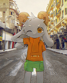 anthro apartment bottomwear city clothed clothing curved_horn fingers fur green_bottomwear green_clothing green_pants grey_body grey_fur hair hand_behind_head horn long_ears male one_eye_closed orange_clothing orange_shirt orange_topwear outside pants shirt shorts smile solo standing street tail topwear yellow_eyes young young_anthro young_male bolgogi bovid caprine goat mammal digital_media_(artwork) hi_res
