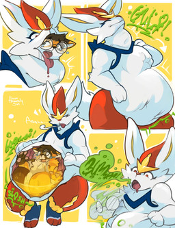 anthro bodily_fluids burping burping_up_object death digestion_implied duo fatal_vore female female_pred imprint internal male male/female male_prey neck_bulge oral_vore rumbling_stomach saliva simple_background swallowing tongue tongue_out unwilling_prey vore heavenly_sun nintendo pokemon flogger_(planatation) cinderace domestic_cat felid feline felis generation_8_pokemon lagomorph leporid mammal pokemon_(species) rabbit absurd_res comic hi_res sequence