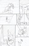 absurd_res anthro biped black_and_white bottomwear breasts cleavage clothed clothing comic deer english_text female forest hi_res human hunched_over male mammal monochrome plant realius shorts tent text traditional_media_(artwork) tree