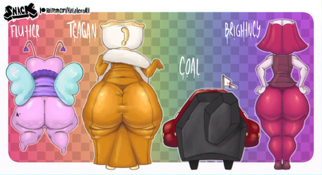 antennae_(anatomy) anthro big_butt black_body bottomless brown_clothing brown_topwear butt butt_chart clothed clothing female for_a_head gold_dress group huge_butt insect_wings patreon_logo pink_body purple_clothing purple_topwear rear_view text thick_thighs topwear white_body wide_hips wings toastysnacktime blushcrunch_studio dandy's_world patreon brightney_(dandy's_world) coal_(dandy's_world) flutter_(dandy's_world) teagan_(dandy's_world) arthropod elemental_creature fly_(animal) humanoid insect mineral_fauna object_head toon_(dandy's_world) 2026 character_name digital_media_(artwork) url