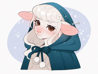anthro bangs blush brown_eyes clothed clothing curly_hair eyebrows eyelashes female hair long_eyelashes long_hair looking_at_viewer simple_background snow snowing solo white_body white_eyebrows white_hair cepto_(artist) bovid caprine mammal sheep digital_drawing_(artwork) digital_media_(artwork) hi_res shaded