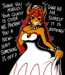 big_breasts black_background bracelet breasts clothing collar crossgender crown dialogue dress female hair headgear horn jewelry red_hair sharp_teeth simple_background solo spiked_bracelet spiked_collar spikes super_crown teeth white_clothing white_dress rivux bowsette_meme mario_bros nintendo bowser animal_humanoid humanoid koopa_humanoid scalie scalie_humanoid hi_res meme